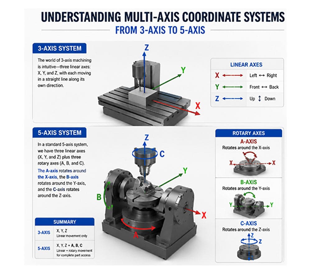 Understanding Multi-axis Coordinate Systems from 3-axis To 5-axis Understanding Multi-axis Coordinate Systems from 3-axis To 5-axis